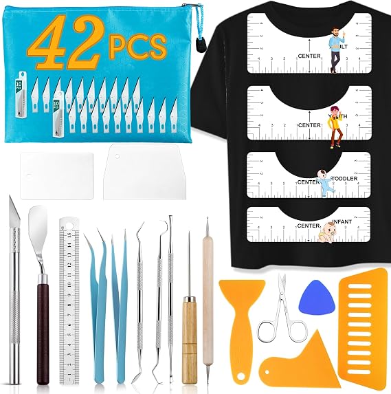 42pcs Vinyl Weeding Tools with T-Shirt Ruler Guide, Craft Tools Set for DIY Heat Transfer Printing, Weeding Vinyl, Scrapbooking, Lettering, Cutting, Splicing.