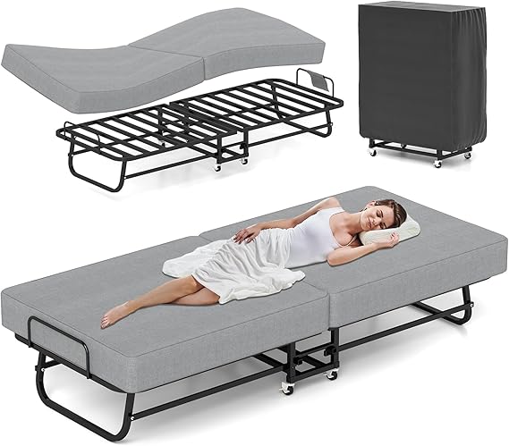 Fabulis Folding Bed with Mattress, Portable Foldable Bed for Adults, Roll Away Guest on Wheels, Memory Foam Mattress and Metal Frame, Space Saving Fold Up for Easy Storage, 75" x 31"