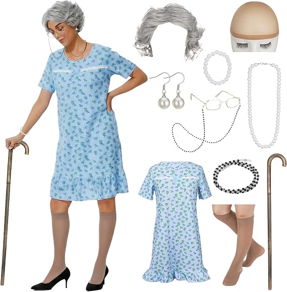 MY-LADY Old Lady Costume 10PCS Set Grandma Costume Granny Outfit Nightgown Wig 100 Days of School Halloween Cosplay