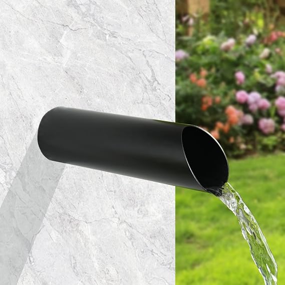 316 Nickel Brushed Stainless Steel 1.2 Inch Round Water Fountain Spout Scupper, Waterfall Outdoor Spillway Overall Length 8 Inch for Landscape Decor, Pools, Ponds, Water Walls (Matt Black)