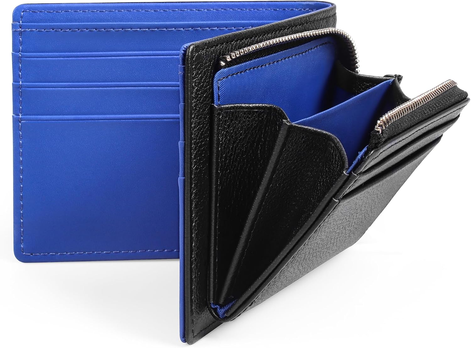 VISOUL Leather Bi-fold Wallet for Men with Zipper Coin Pocket, RFID Blocking Billfold Wallet with 10 Card Slots 1 Cash Compartment Black and Blue