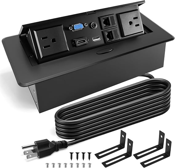 Conference Table Power Hub, Pop Up Outlet with Mounting Bracket | 2 AC Outlets, 4KHDMI, USB, VGA, 3.5MM Audio, 9.8Ft Cable for Office Meeting Desks
