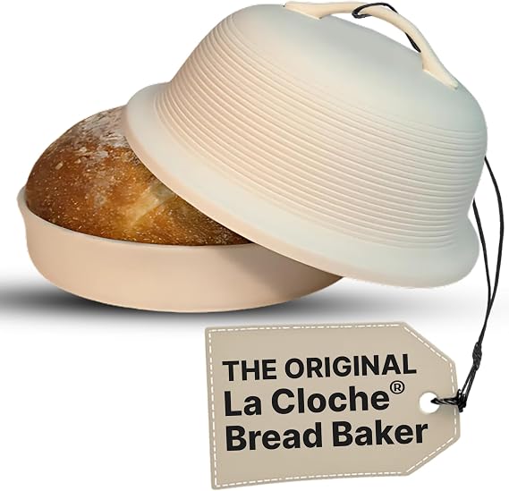 Sassafras Superstone Stoneware La Cloche Bread Baker, Unglazed, Baking Stone for Bread, Capacity 5QT 12D x7H with handle, Withstands Temperature 500-2100 Fahrenheit