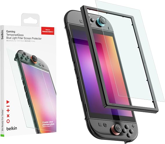 Belkin TemperedGlass Screen Protector for Nintendo Switch 2 w/Blue Light Filter - 9H Hardness, Slim, Scratch-Resistant - Includes Easy Align Frame for Bubble Free Application - Gaming Essentials
