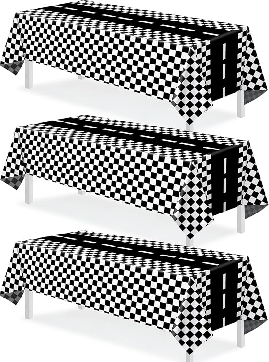 3 Packs Checkered Race Car Party Tablecloths Black and White Checkered Stripes Theme Party Touchdown Table Cover for Motor Racing Birthday Party Decorations Supplies Racing Party Favor, 54" x 108"