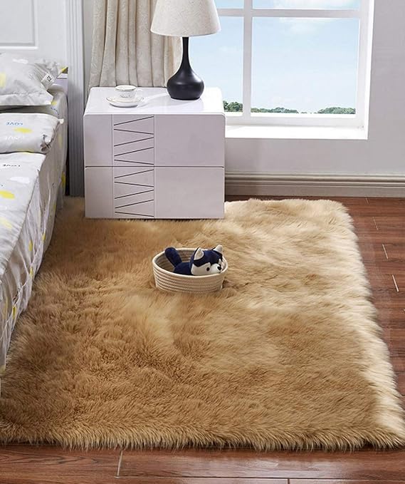 Camel Sheepskin Shaggy Rug 60x90cm Non Slip Fluffy Area Rugs | High pile, 6cm pile length, Faux suede backing, Anti-slip, Washable, for living room, bedroom, kids room, nursery