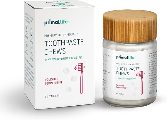 Primal Life Organics Premium Dirty Mouth Toothpaste Chews Nano-Hydroxyapatite Whitening Toothpaste Tablets for Adults - Gluten Free, Vegan, Paleo - 60 Tablets in Jar - Polished Peppermint