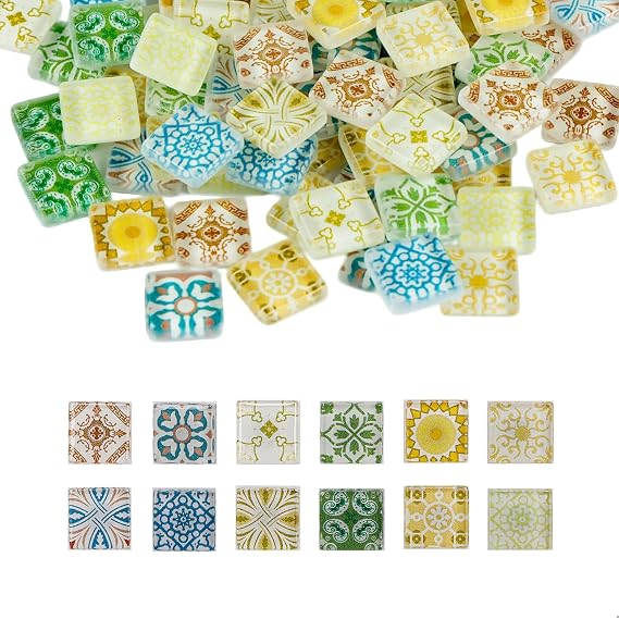 81 Pieces Mosaic Tiles, Mixed Color Crystal Mosaic Tiles, Mosaic Tiles Contains 12 Different Printed Patterns, DIY Square Glass Mosaics for Frames, Vases, Coasters,Pen Holder,Home Decorations