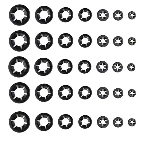 UoYu 7 Sizes Internal Tooth Starlock Washers, Quick Speed Locking Washers, Push On Speed Clips Fasteners Assortment Kit 200 Pcs