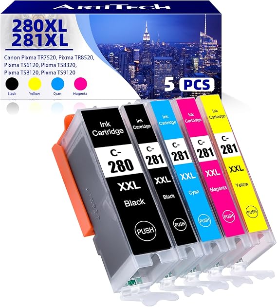 PGI-280XXL CLI-281XXL Ink Cartridges Replacement for Canon, 5-Pack (PGBK, BK, C, M, Y), Super High Yield Compatible with Canon PIXMA TR8620 TR8520 TS8320 TS8220 TS9520 TS9120 Printers