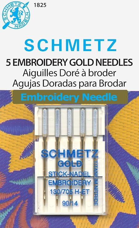 SCHMETZ Gold Embroidery Sewing Machine Needles - Titanium Coated for Smooth Stitching, Size 90/14, 5-Needle Cards, Pack of 1