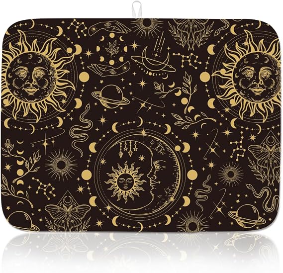Sun And Moon Dish Drying Mat 23.6''*17.7'' Gold Black Dish Rack Mat Microfiber Kitchen Countertop Absorbent Reversible Drainer Rack Pad Dish Drying Mat Stone Dish Mat for Coffee Bar