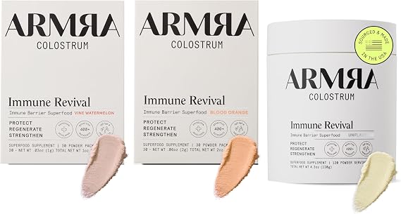 ARMRA ColostrumTM Premium Powder, Grass Fed, Gut Health Bloating Immunity Skin & Hair, Contains 400+ Bioactive Nutrients (Blood Orange, Vine Watermelon, Unflavored Bundle | 180 Servings)