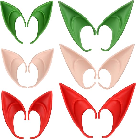 6 Pairs Elf Fake Ears -Short and Long Style Fairy Soft Cosplay Pointed Pixie Ears Red Green Brown