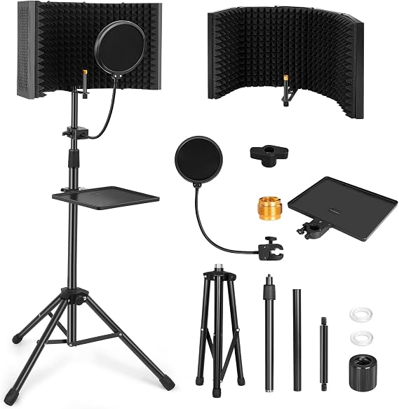 Mic Isolation Shield with Stand Curved Panel for Microphone, Foldable Mic Shield with Triple Sound Insulation, Studio Mic Sound Absorbing Foam Reflector for Sound Recording, Podcasts