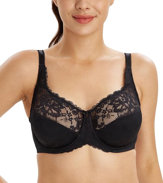 Lemorosy Women's Full Coverage Flower Lace Underwire Unpadded Minimizer Bra