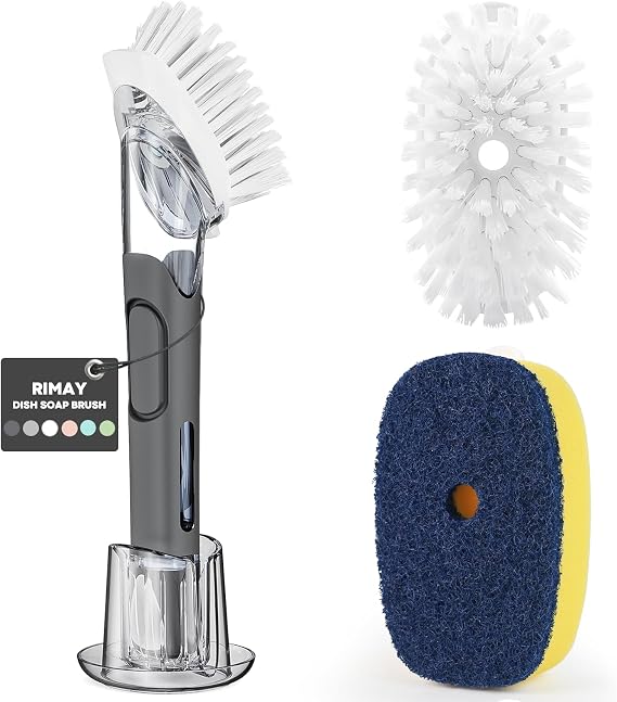 RIMAY Dish Brush Set with Soap Dispenser, 2 Refills and Storage Holder