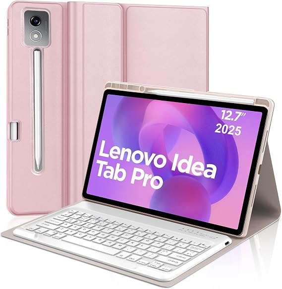 Keyboard Case for Lenovo Idea Tab Pro 12.7", UK Layout Magnetically Detachable Wireless Bluetooth Keyboard with Protective Cover and Pencil Holder for Lenovo Idea Tab Pro 12.7 Inch 2025 Tablet, Pink
