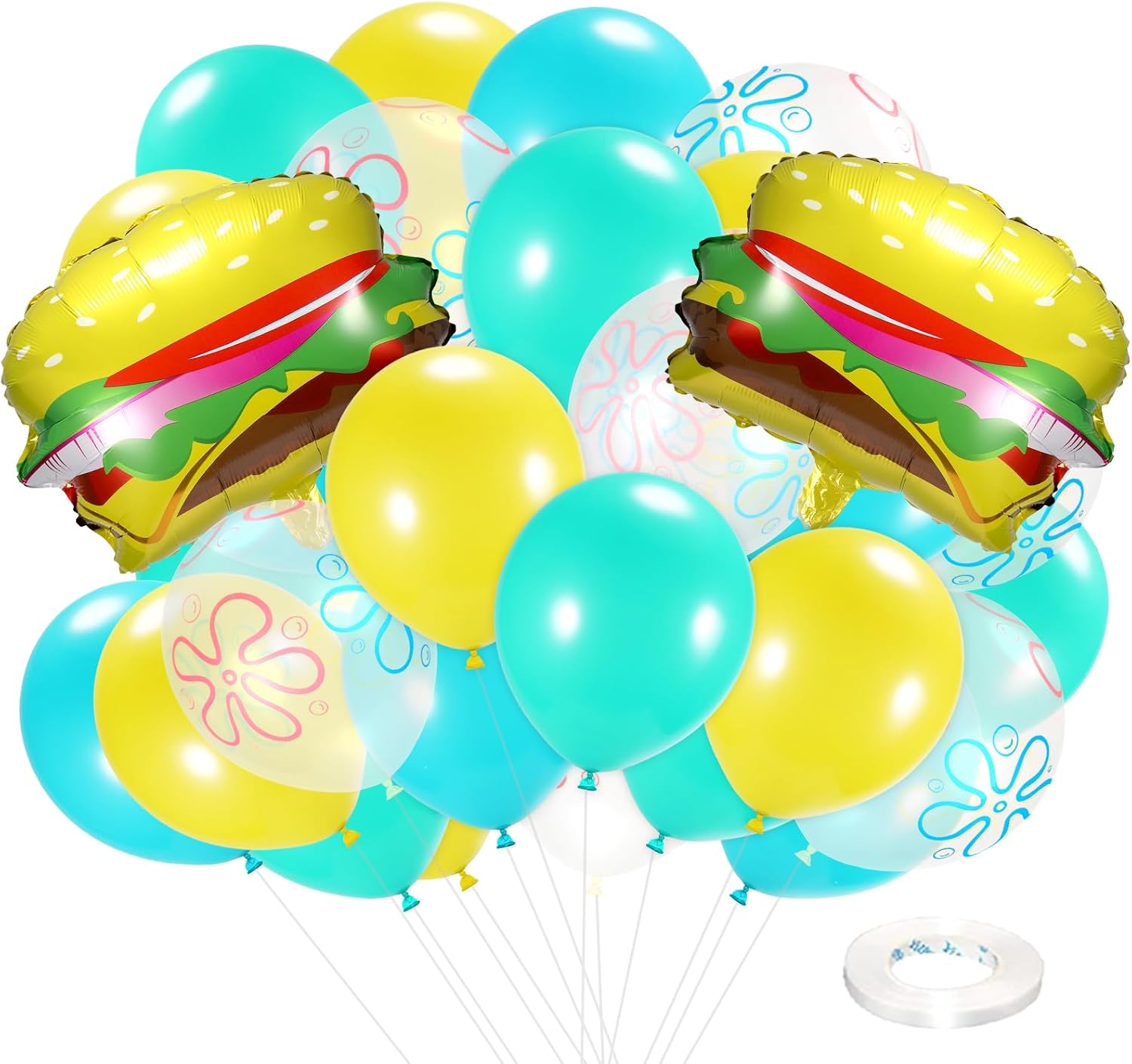 63pcs Spongebob Birthday Decoration,12 inch Yellow Blue Underwater Balloon With 2 Burger Balloon For for Party,Mermaid,Baby Shark,Ocean Themed Party, Kids Room Supplies
