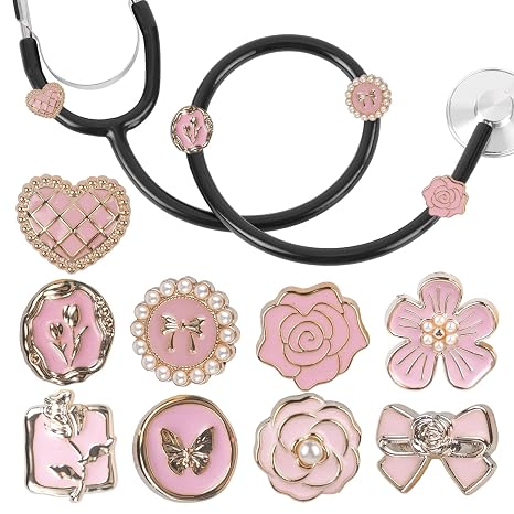 Pink Flowers Elegant Stethoscope Charms for Nurse Pediatric | Includes 9 Pieces. Personalized Medical ID Tag Decor. Ideal Gift For Nurses & Medical Staff & Veterinarians & Graduates