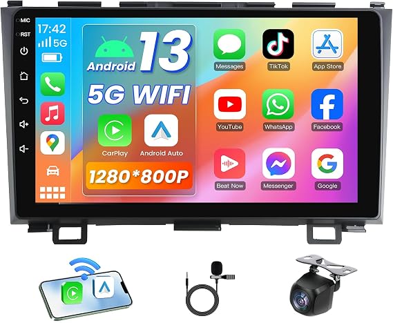 4G+64GB Car Stereo Radio for Honda CRV 2007-2011, 5G WiFi Wireless Carplay Android Auto 9 Inch 1280 * 800P Touchscreen GPS Navigation with Bluetooth 1080P Backup Camera SWC FM Radio
