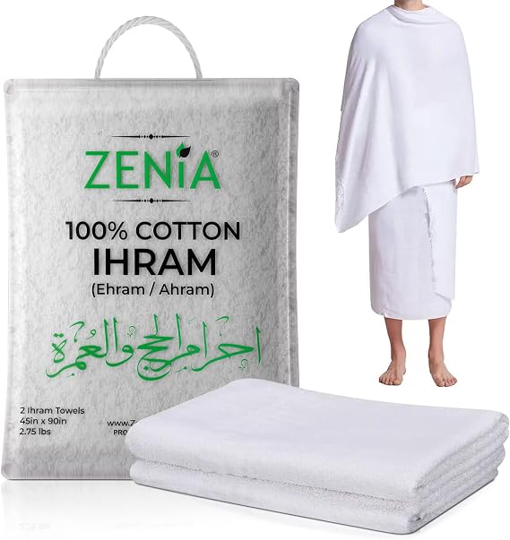 Zenia Natural Hygienic 100% Cotton Ihram (Ahram/Ehram) Towel for Hajj and Umrah - Lightweight and Durable 45 in x 90 in (Ihram)