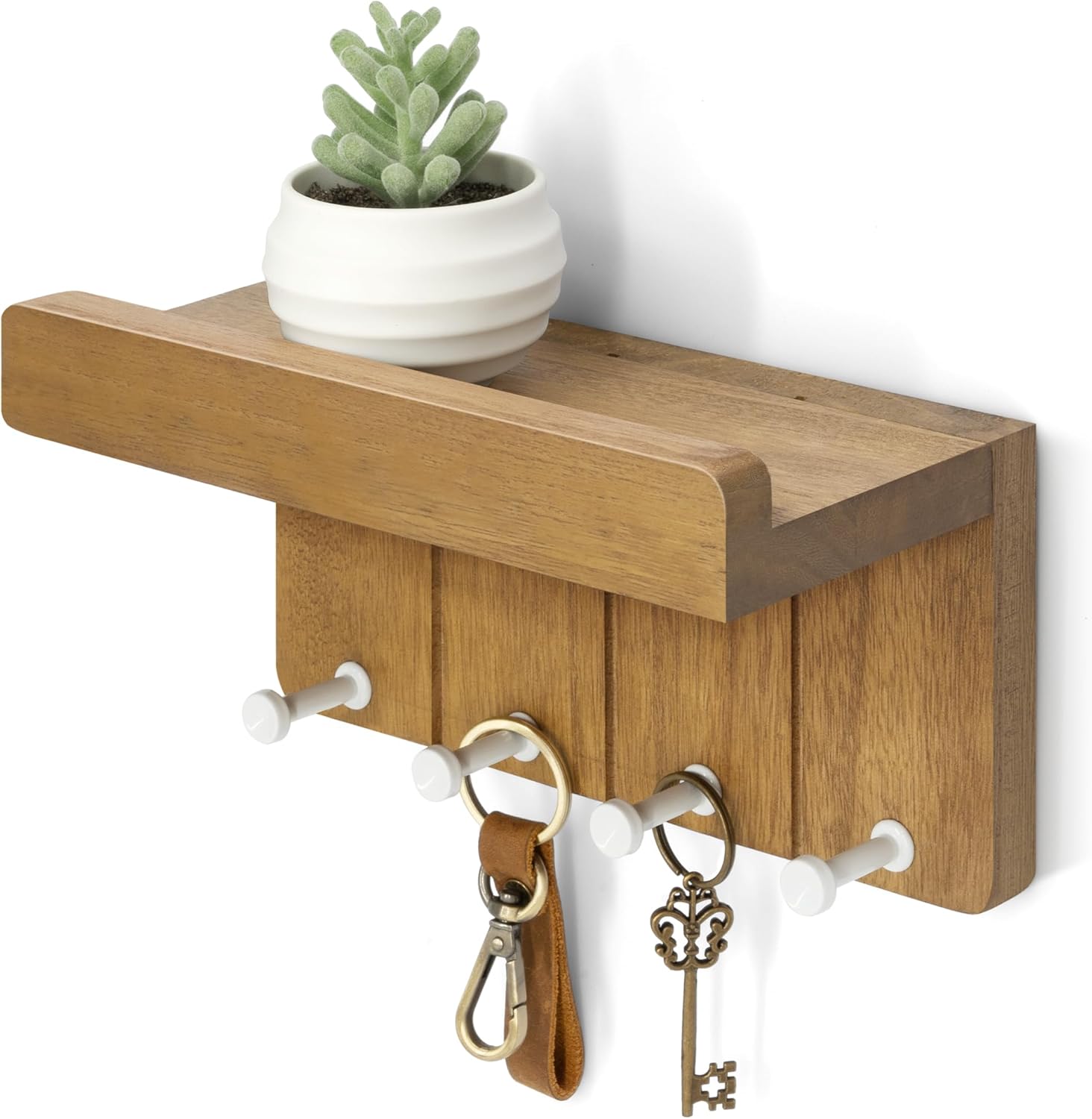 Rebee Vision Modern Farmhouse Key Holder Wall Mount - 8 inch Rustic Key and Mail Holder for Wall with 4 Hooks and Small Floating Shelf - The Perfect Aesthetic Stuff in Your Apartment Light Brown