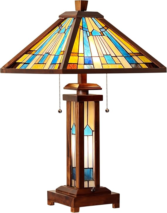 Capulina Tiffany Table Lamp Wooden Base Blue Stained Glass Lamp 3-Light