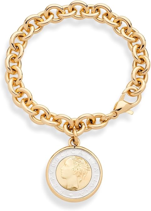Miabella 18K Gold Plated Bronze Italian Genuine 500-Lira Coin Charm Rolo Link Chain Bracelet for Women Made in Italy