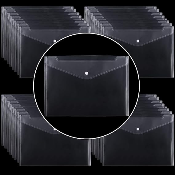 100 Pack Plastic Envelopes, 13x9 Inch Reusable Clear Polypropylene Envelope Folder with Snap Closure, A4 Size Envelope Waterproof File Folders for Home, Office Supplies