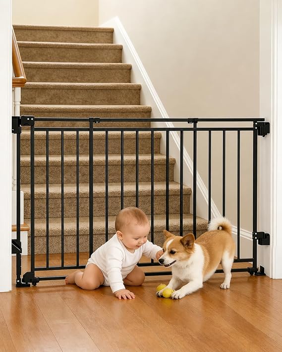 Baby Gate for Stairs, Doorways & Hallways with Auto Close 32"-54" W x 29" H, Extra-Wide Walk Thru and No Bottom Bar for Easy Access, Adjustable Safety Gate for Dogs & Toddlers, Black