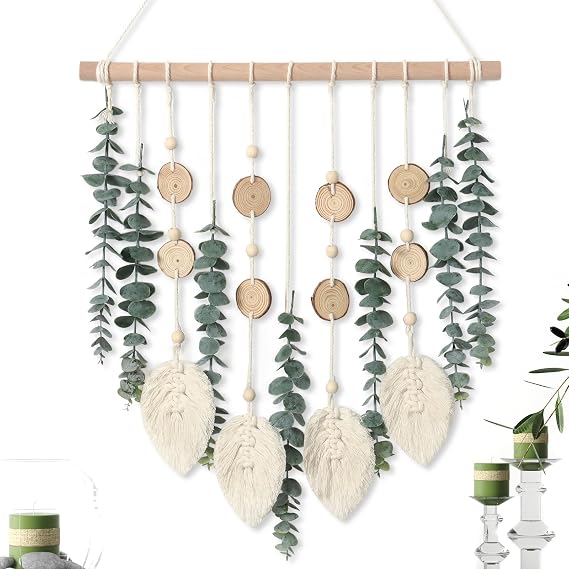 Artificial Eucalyptus Wall Hanging Decor Fake Plant Greenery Leaves Boho Wall Decor with Wooden Stick for Bedroom Bathroom Kitchen Rustic Farmhouse Home Living Room Decoration | ASTNIC Boho Handmade Woven Greenery Leaves Tapestry with Wooden Stick for Kitchen Bedroom Bathroom Living Room Wall Decor