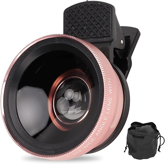 Phone Camera Lens, 2 in 1 Phone Lens Kit, 0.45X Ultra Wide Angle and 12.5X Macro Lens, with Travel Case, HD Professional Universal Clip Lens Kit for Most Smartphones, Tablets(Rose Gold)