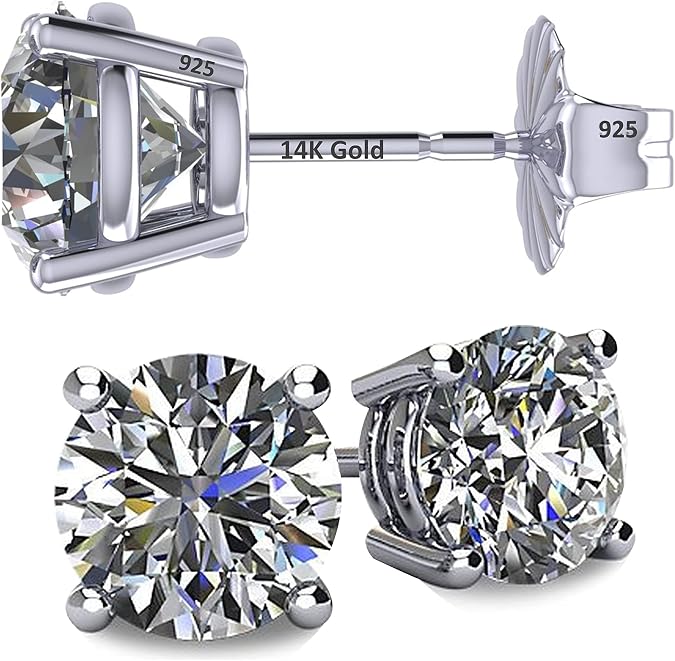 14K Solid Gold Post Stud Earrings Swarovski Zirconia for Sensitive Ears