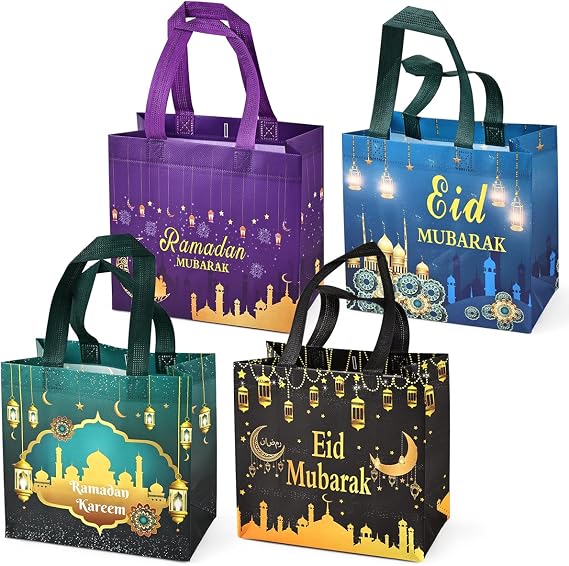 Aviski 4PCS Eid Mubarak Reusable Gift Bags, Treat Bags with Handles, Ramadan Mubarak Party Bags, Multifunctional Non-Woven Eid Bags for Gifts Wrapping, Ramadan Kareem Party Supplies, 9.2"8.7"4.3"