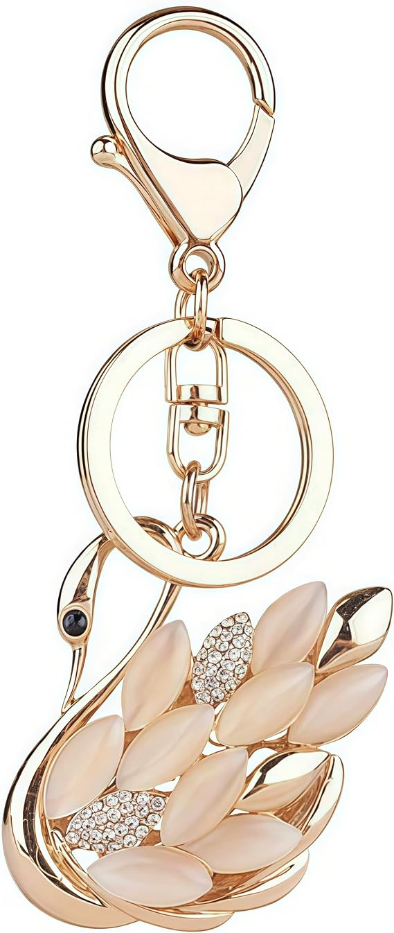 White Swan Keychain & Bag Charm, Opal Crystal Rose Gold Pendant | Sparkling Opal & Crystal Swan Charm with Rose Gold Ring, Cute Animal Keyring & Zipper Pull, Birthday Gift for Her