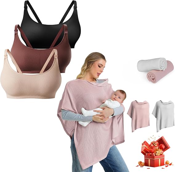 3pk Nursing Bras for Breastfeeding and 2pk Nursing Cover for Breastfeeding