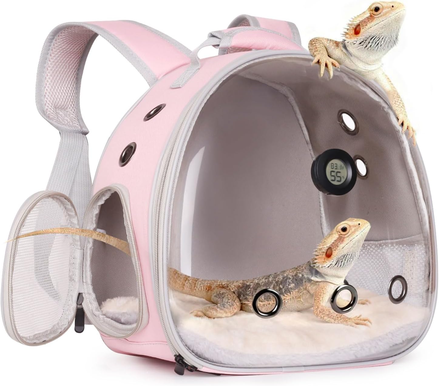 Bearded Dragon Travel Backpack Carrier with Reptile Thermometer and Humidity Gauge Lizard Travel Cage Space Capsule Clear Bubble Window Astronaut Reptile Carrier Bag for Ball Python (Pink, Backpack)