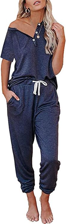 Women's Button Up Short Sleeve Shirts Top Jogger Pant Two Piece Tracksuit Outfits Loungewear