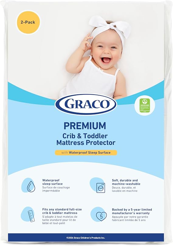 Graco Premium Waterproof Crib and Toddler Mattress Protector (2 Pack) GREENGUARD Gold Certified, Machine-Washable & Dryer-Friendly, Waterproof Sleep Surface, Fits Crib & Mattress | GREENGUARD Gold Certified, Machine-Washable & Dryer-Friendly, Waterproof Sleep Surface, Fits Baby Crib & Toddler Bed Mattress