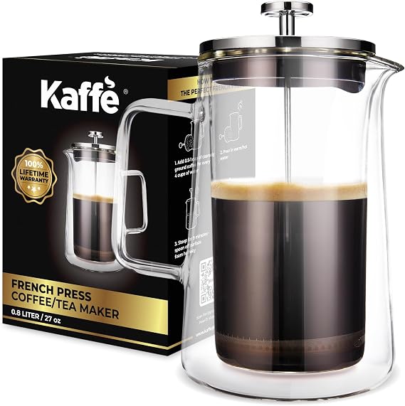 Kaffe Glass French Press Coffee Maker (27oz / 0.8L) - Double-Wall Insulated Borosilicate Glass Coffee Press - Travel & Camping - Homemade French Press Coffee