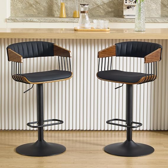 CIMOTA Swivel Adjustable Bar Stools Set of 2, Mid-Century Modern Counter Stools Bar Chairs with Barrel Walnut Back and Arms for Bar/Kitchen Island/Dining, 25-32.5 Inch Seat Height, PU Leather Black