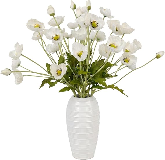 ATFL White Poppy Flower Artificial Fake Silk Poppies Bulk for Wedding Decor
