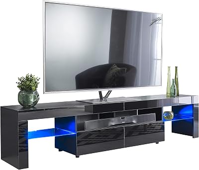MMT Furniture Designs Ltd TV Console, TV Stand Cabinet 78 Long for 55 65 75 90 inch TV Screens Entertainment Centre Desk with Lights - Media Shelf Black