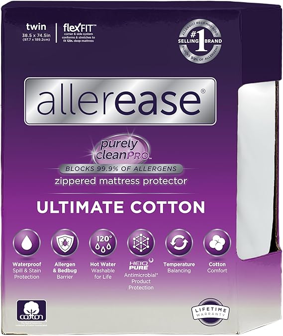AllerEase Ultimate Allergy Protection and Comfort Zippered Mattress Protector, Twin, White
