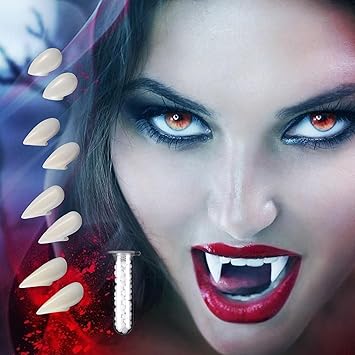 Selimay 4 Sizes Vampire Fangs Teeth for Cosplay, Fake Fangs with Adhesive for Halloween Props, Halloween Party Dress Up Horror Props for Adults