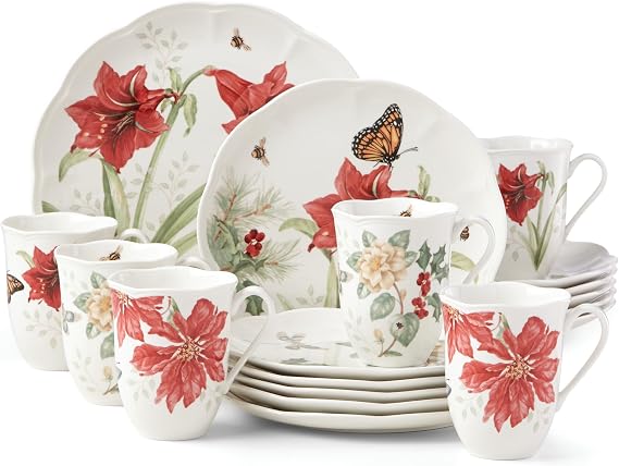 Lenox Dinnerware Set, Butterfly Meadow Holiday 18-Piece Set, Service For 6, Porcelain, Christmas Dinnerware Sets, Holiday Hosting, Dishwasher Safe, Plates and Mugs Sets 18 Pieces, Assorted