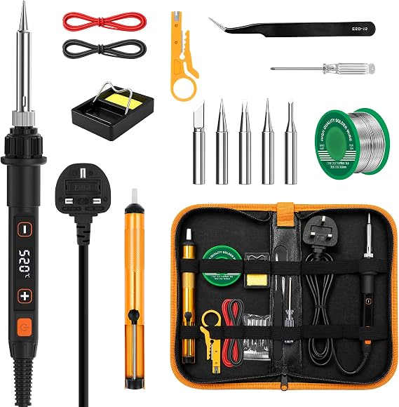 80W Soldering Iron Kit with LCD Adjustable Temperature 180-520°C 15 in 1 | Welding Tool with Switch, 50g Solder Wire, 5 Soldering Tips, Desoldering Pump, Wire Strippers, Stand, Tweezers, Tool Case