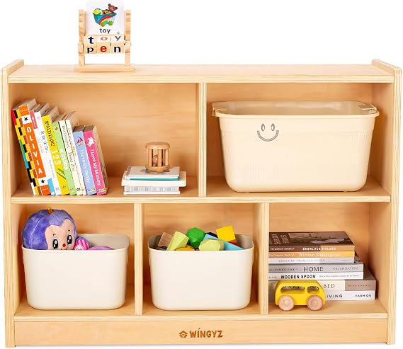 wingyz Wooden Storage Shelf Organizer, 5-Section Montessori Kids Toy & Book Shelf, Solid Wood Cabinet for Kids Rooms, Playroom, Classroom, Nursery, Preschool Furniture - Natural