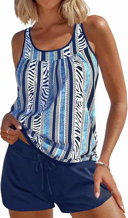 Modlily Classic Two Piece Tankini Swimsuits, Tummy Coverage Bathing Suits, Blouson Tank Top with Board Shorts